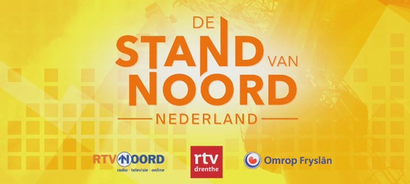 Een gele achtergrond met daarvoor de tekst 'De stand van het Noorden Nederland'. Onderin staan de logo's van RTV Noord, RTV Drenthe en Omrop Fryslan